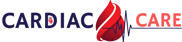 Cardiac Care logo with heart-shaped blood drop and ECG line.